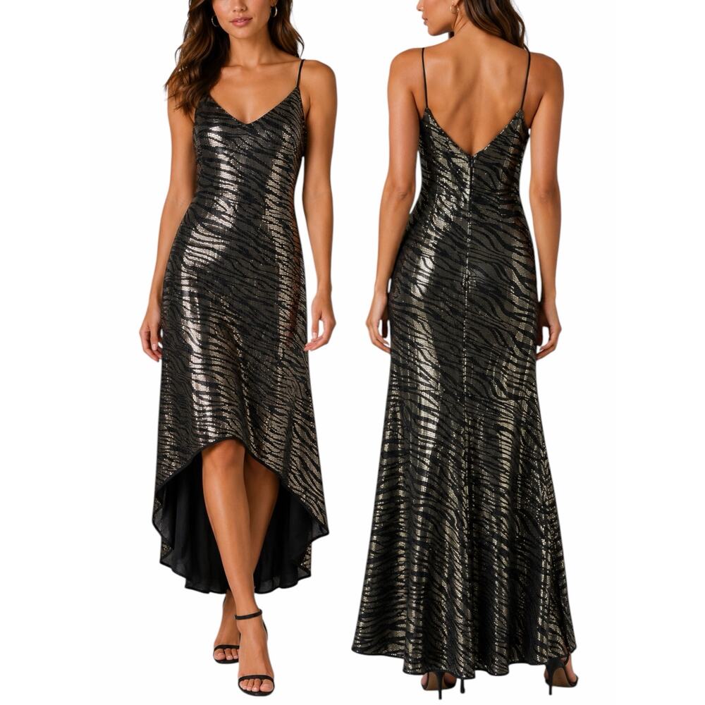 Black Halo Armelle Sequin High Lo Evening Gown Dress Golden Tiger